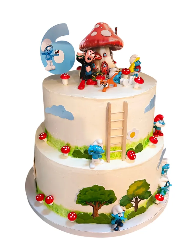 Gâteau deux étages décoré de champignons et de figurines
