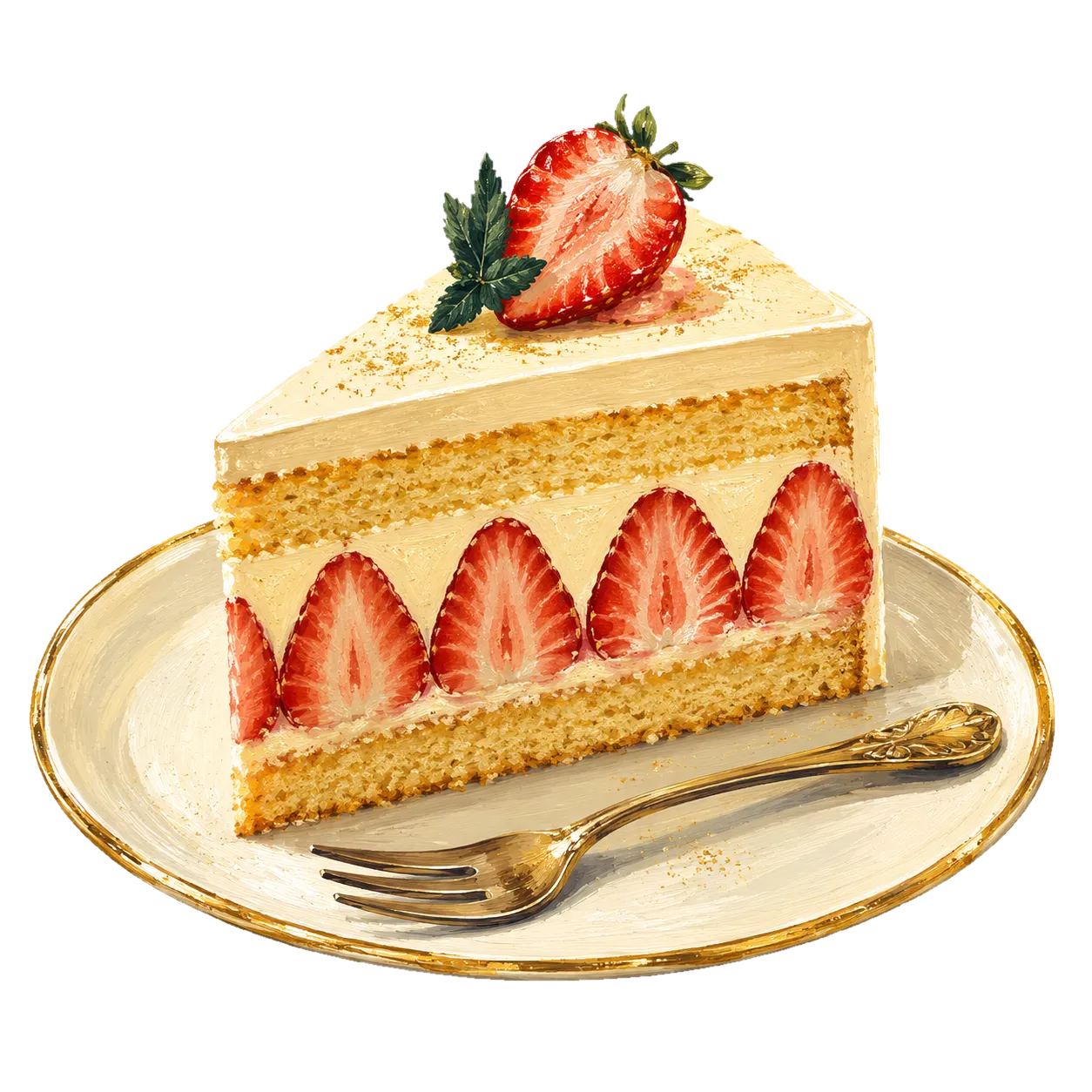 Part de fraisier sur une assiette, fraises en rondelles et fourchette dorée
